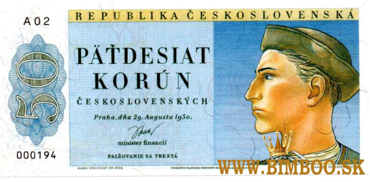 Prodám nevydanou bankovku 50 korun 1950 Jánošík, UNC